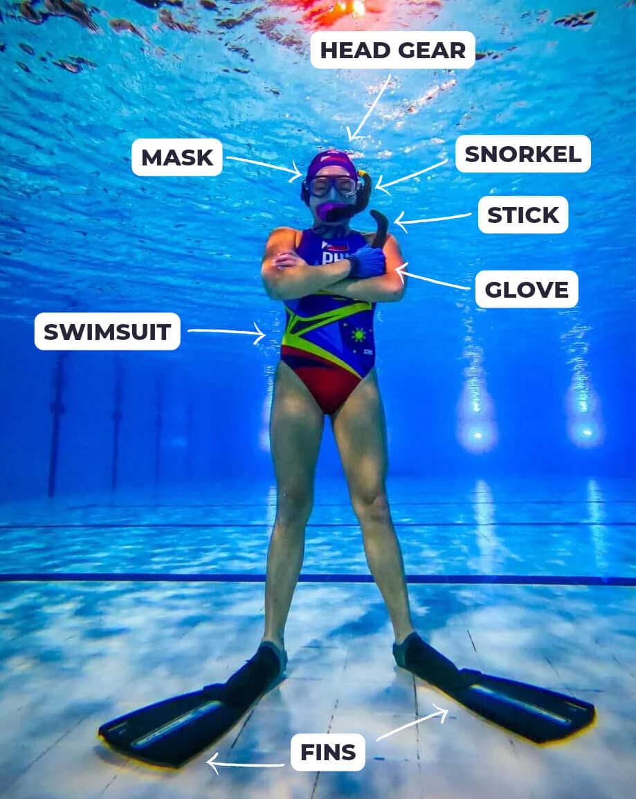Underwater hockey player with all the correct gear on in water